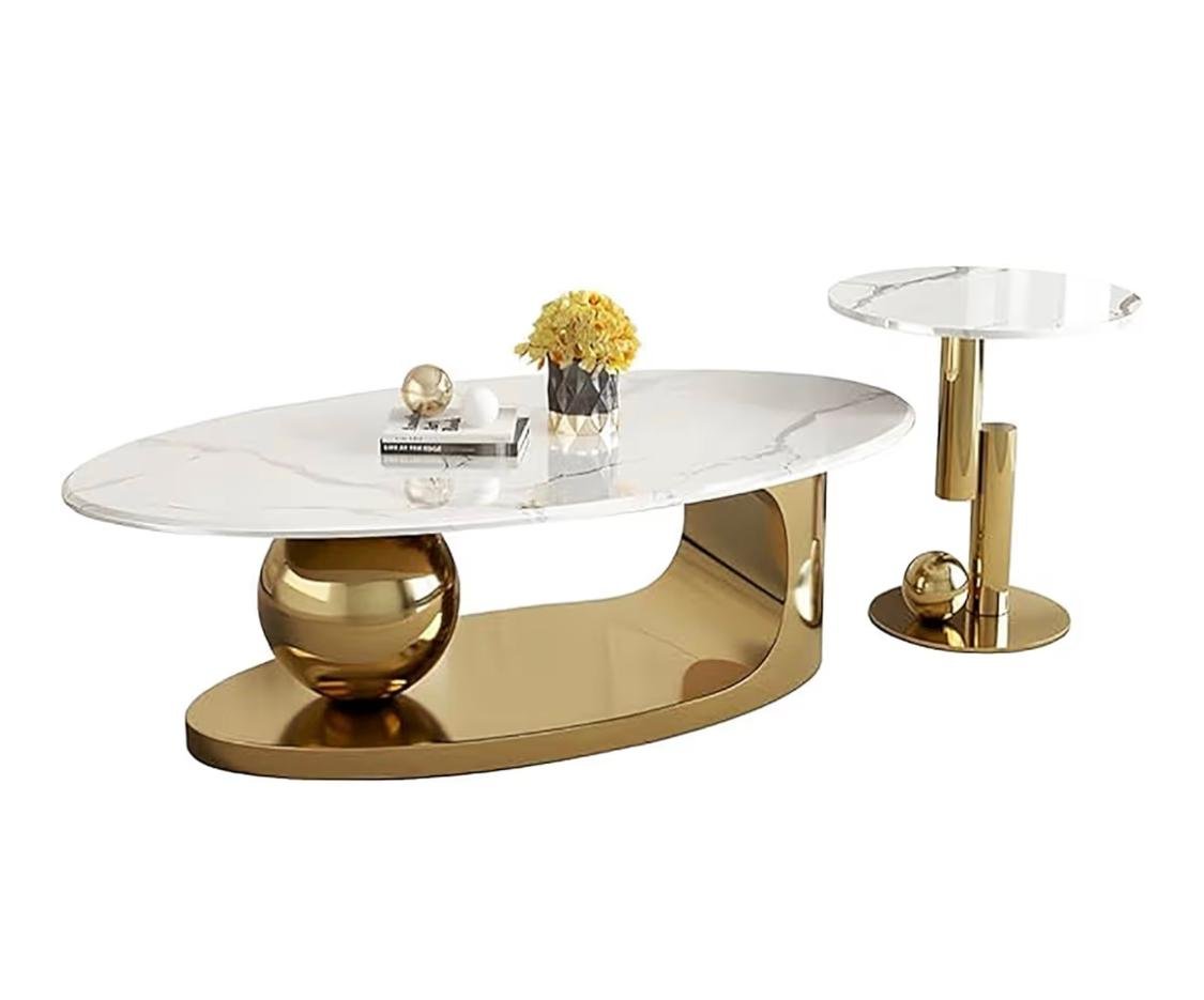 MODERN LUXURY METALLIC OVAL COFFEE TABLE SET WITH SIDE TABLE